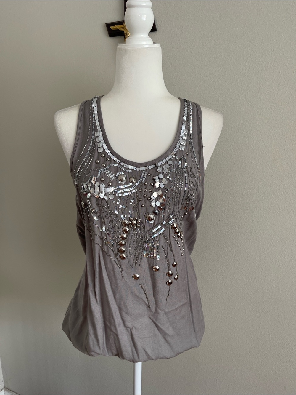 Charming Charlie Grey Sequin & Bead Embellished Tank
